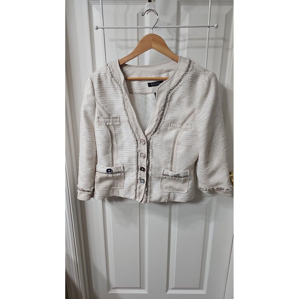 White House Black Market Ivory Tweed Chain Fringe Blazer size 12